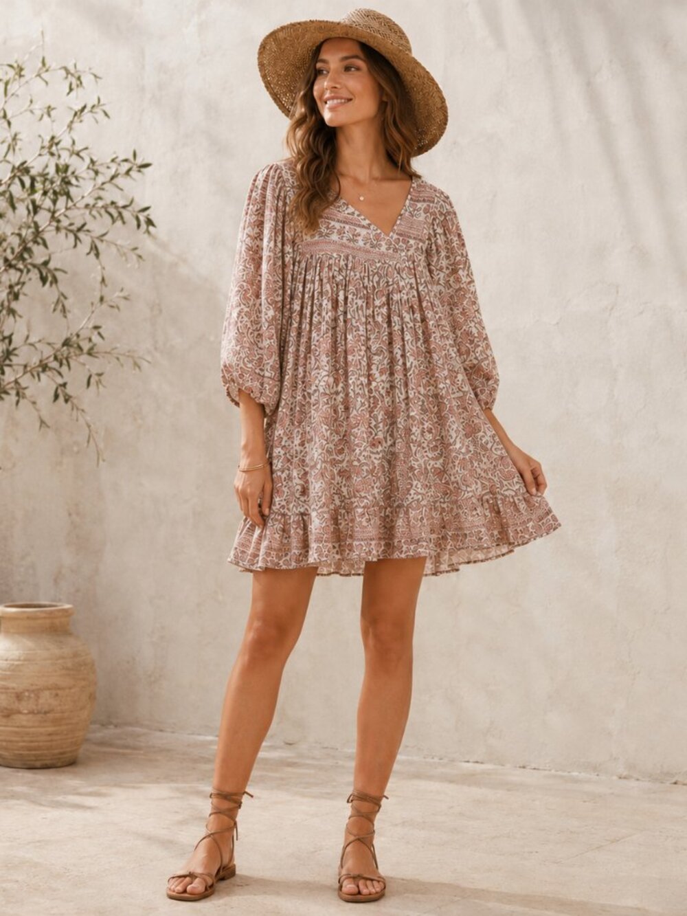 Cleobella Floral Metallic Stripe V Neck Puff Sleeve Babydoll Mini Dress Sz M